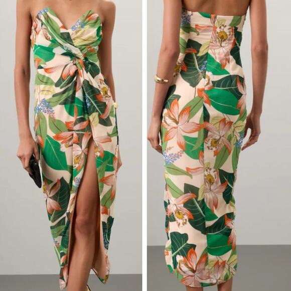 Katie May Come On Home Dress XS Tropical Strapless Floral High Slit Midi Resort - Picture 1 of 13
